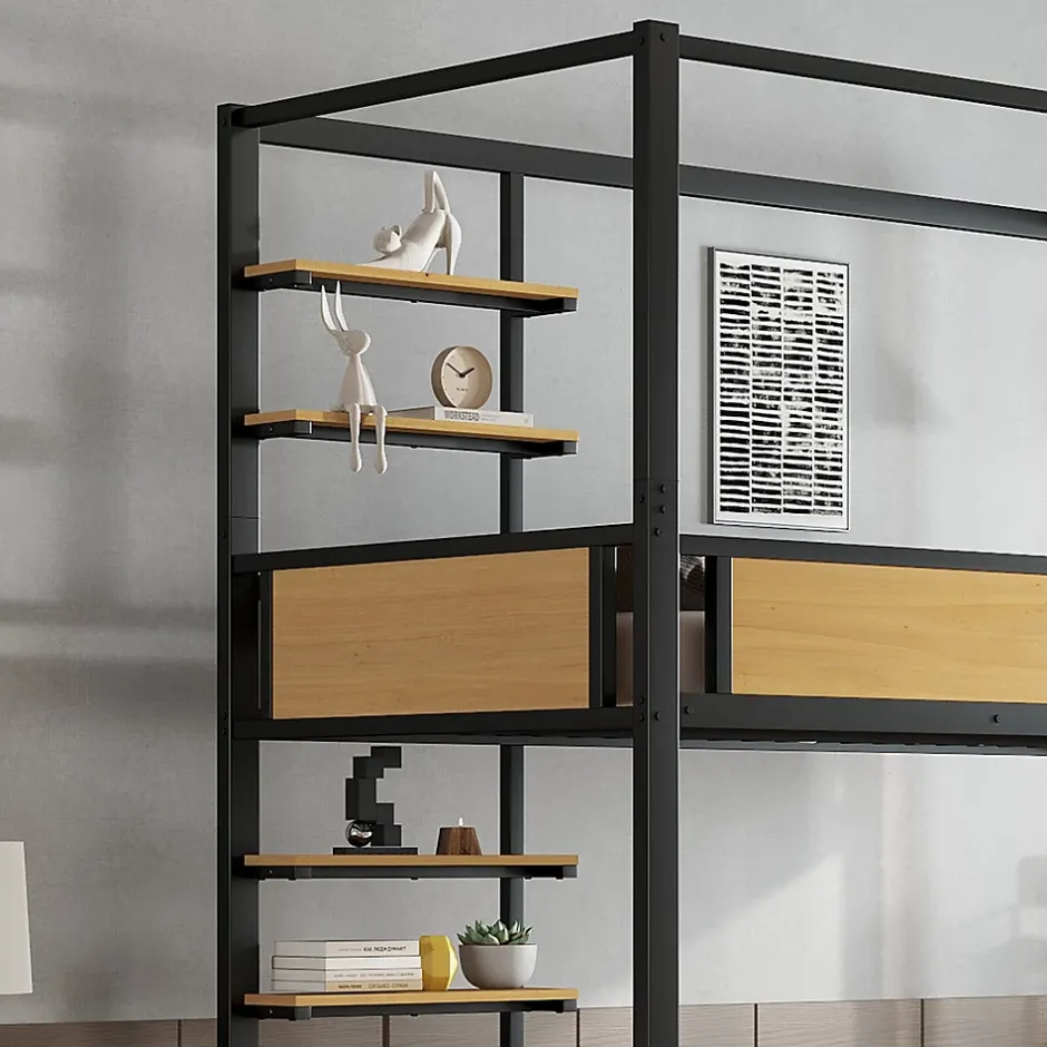 Okwish Lit superposé 90x200 cm - Lit avec échelle large et rangements latéraux - Métal + MDF - Sans matelas - Noir Discount