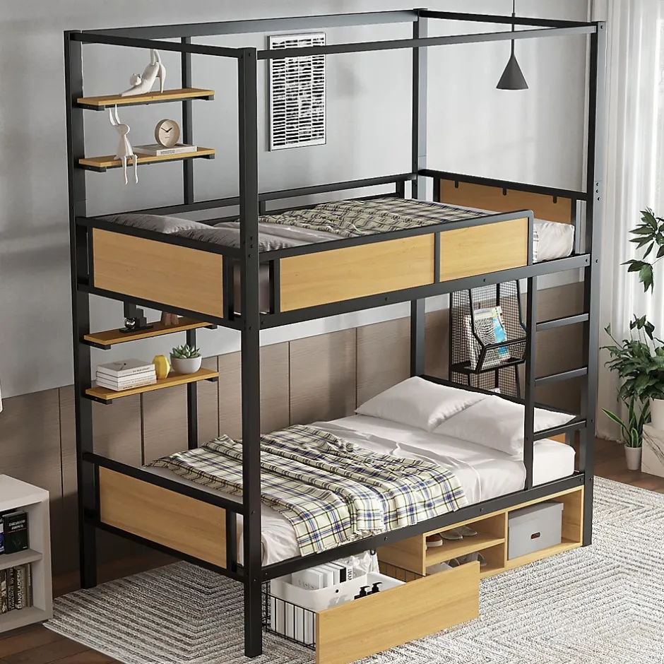 Okwish Lit superposé 90x200 cm - Lit avec échelle large et rangements latéraux - Métal + MDF - Sans matelas - Noir Discount