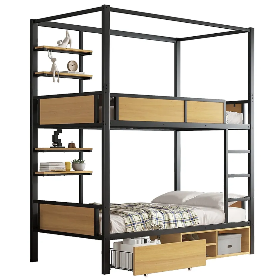 Okwish Lit superposé 90x200 cm - Lit avec échelle large et rangements latéraux - Métal + MDF - Sans matelas - Noir Discount