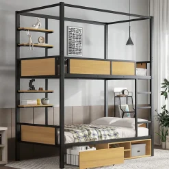 Okwish Lit superposé 90x200 cm - Lit avec échelle large et rangements latéraux - Métal + MDF - Sans matelas - Noir Discount