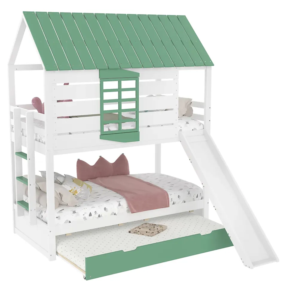 Okwish Lit superposé 90x200 cm - Lit avec Rutsche et lit escamotable - MDF et Pin - Sans matelas - Vert New