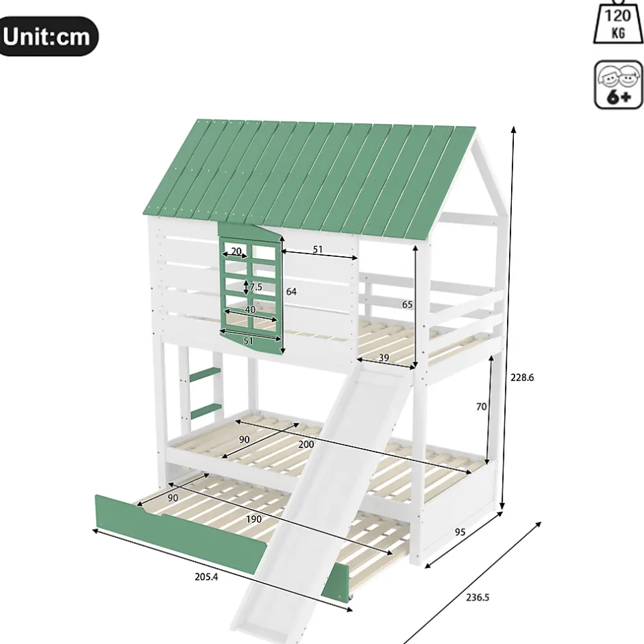 Okwish Lit superposé 90x200 cm - Lit avec Rutsche et lit escamotable - MDF et Pin - Sans matelas - Vert New