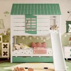 Okwish Lit superposé 90x200 cm - Lit avec Rutsche et lit escamotable - MDF et Pin - Sans matelas - Vert New