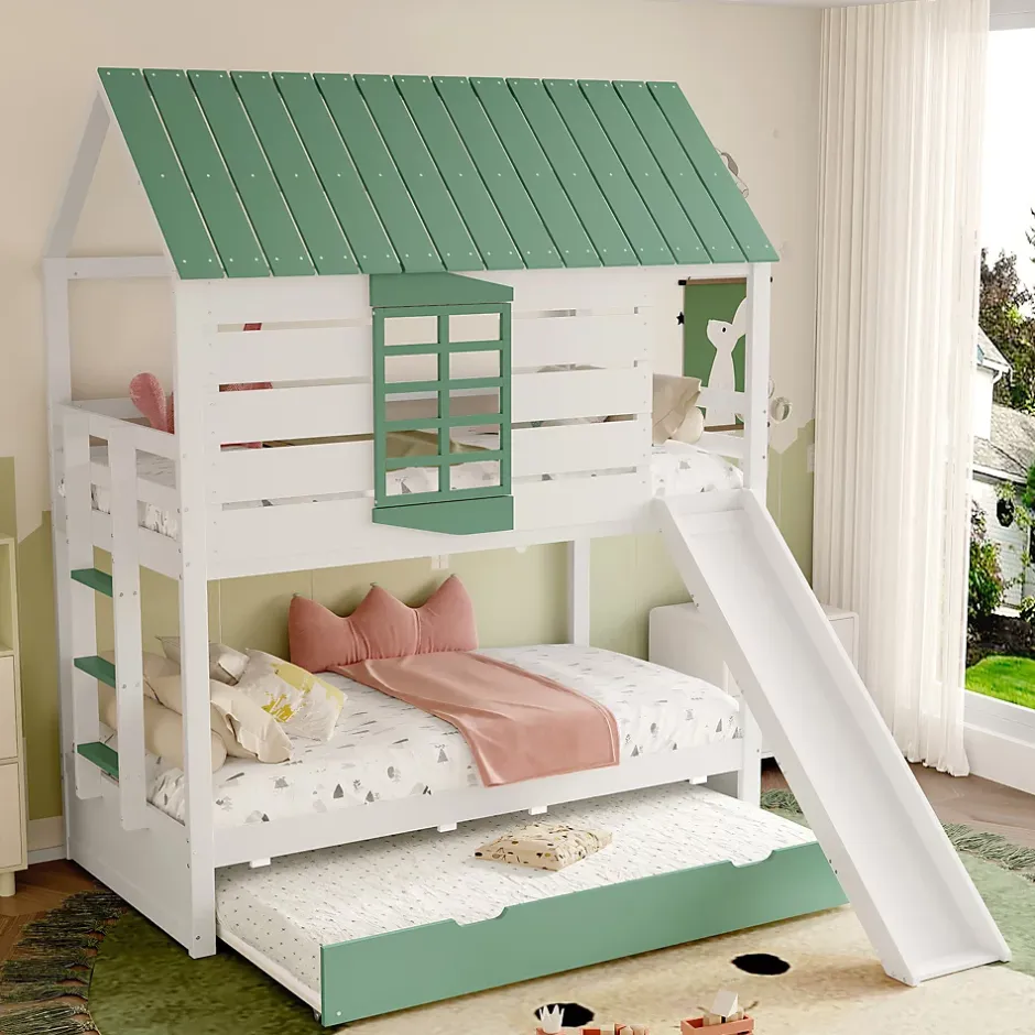 Okwish Lit superposé 90x200 cm - Lit avec Rutsche et lit escamotable - MDF et Pin - Sans matelas - Vert New