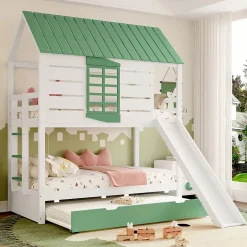 Okwish Lit superposé 90x200 cm - Lit avec Rutsche et lit escamotable - MDF et Pin - Sans matelas - Vert New