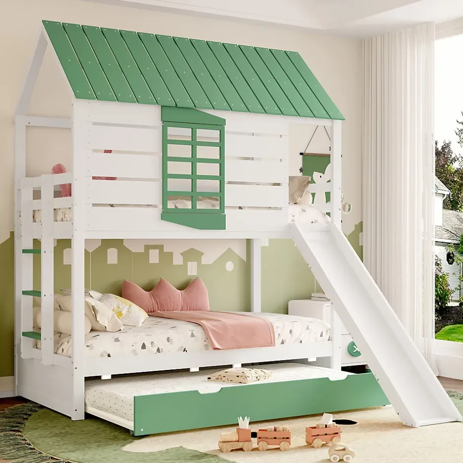 Okwish Lit superposé 90x200 cm - Lit avec Rutsche et lit escamotable - MDF et Pin - Sans matelas - Vert New