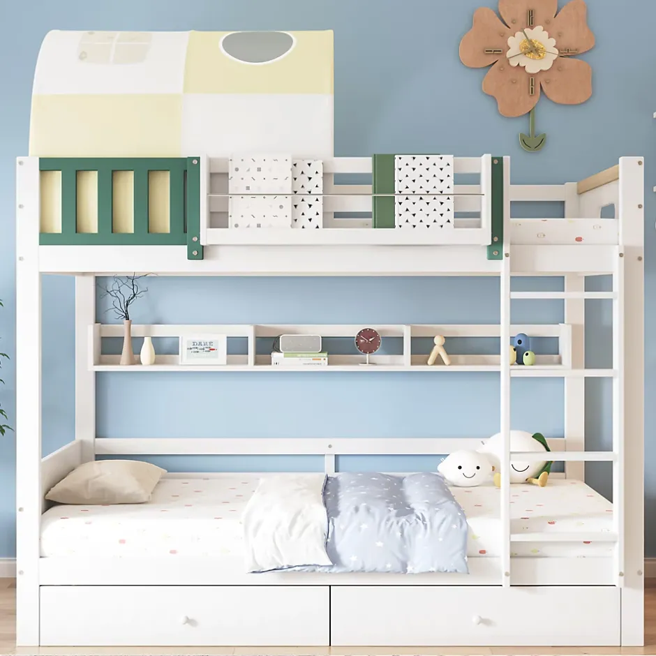 Okwish Lit Superposé 90x200 cm - Lit Cabane enfant avec Petite Tente, Échelle et 2 Tiroirs à Roulettes, Bois de Pin, Blanc, Sans Matelas Outlet