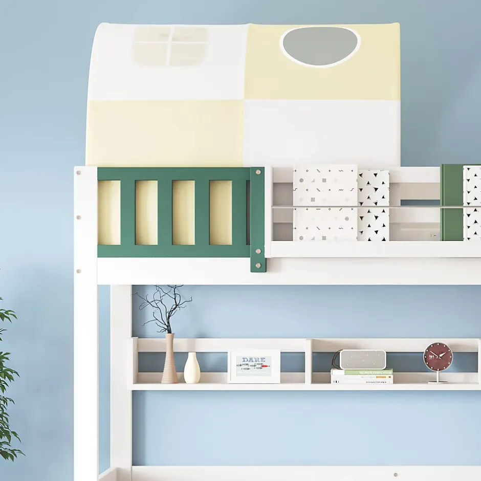 Okwish Lit Superposé 90x200 cm - Lit Cabane enfant avec Petite Tente, Échelle et 2 Tiroirs à Roulettes, Bois de Pin, Blanc, Sans Matelas Outlet