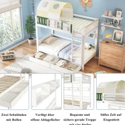 Okwish Lit Superposé 90x200 cm - Lit Cabane enfant avec Petite Tente, Échelle et 2 Tiroirs à Roulettes, Bois de Pin, Blanc, Sans Matelas Outlet