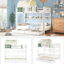 Okwish Lit Superposé 90x200 cm - Lit Cabane enfant avec Petite Tente, Échelle et 2 Tiroirs à Roulettes, Bois de Pin, Blanc, Sans Matelas Outlet