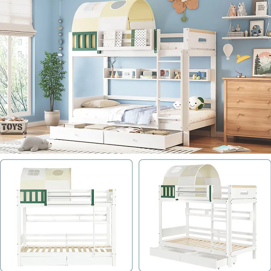 Okwish Lit Superposé 90x200 cm - Lit Cabane enfant avec Petite Tente, Échelle et 2 Tiroirs à Roulettes, Bois de Pin, Blanc, Sans Matelas Outlet