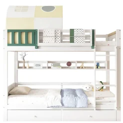 Okwish Lit Superposé 90x200 cm - Lit Cabane enfant avec Petite Tente, Échelle et 2 Tiroirs à Roulettes, Bois de Pin, Blanc, Sans Matelas Outlet