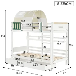 Okwish Lit Superposé 90x200 cm - Lit Cabane enfant avec Petite Tente, Échelle et 2 Tiroirs à Roulettes, Bois de Pin, Blanc, Sans Matelas Outlet