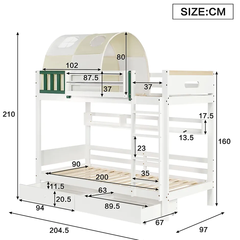 Okwish Lit Superposé 90x200 cm - Lit Cabane enfant avec Petite Tente, Échelle et 2 Tiroirs à Roulettes, Bois de Pin, Blanc, Sans Matelas Outlet
