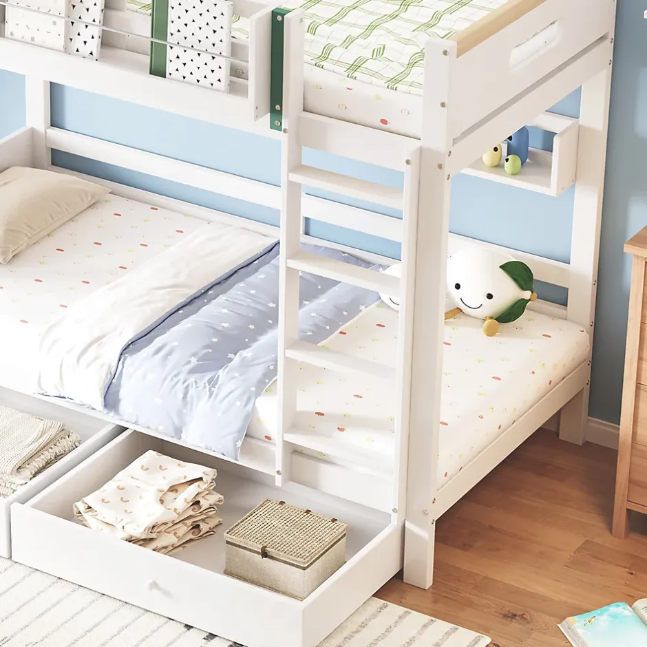 Okwish Lit Superposé 90x200 cm - Lit Cabane enfant avec Petite Tente, Échelle et 2 Tiroirs à Roulettes, Bois de Pin, Blanc, Sans Matelas Outlet