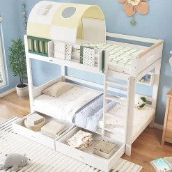 Okwish Lit Superposé 90x200 cm - Lit Cabane enfant avec Petite Tente, Échelle et 2 Tiroirs à Roulettes, Bois de Pin, Blanc, Sans Matelas Outlet