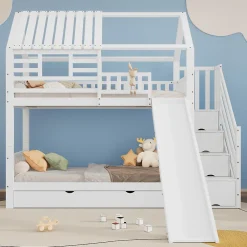 Enfant Okwish Lit Superposé 90x200 cm - Lit Cabane enfant avec Lit Gigogne, Toboggan et Rangement - Bois Pin, MDF et Contreplaqué - Blanc