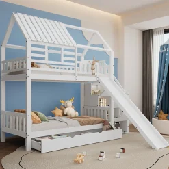 Enfant Okwish Lit Superposé 90x200 cm - Lit Cabane enfant avec Lit Gigogne, Toboggan et Rangement - Bois Pin, MDF et Contreplaqué - Blanc