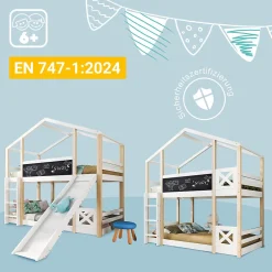 Enfant Okwish Lit superposé 90x200 cm - Lit cabane enfant avec toboggan et échelle - Bois massif - Sommier extensible - Sans matelas - Blanc