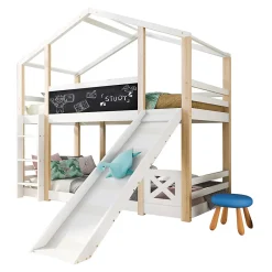 Enfant Okwish Lit superposé 90x200 cm - Lit cabane enfant avec toboggan et échelle - Bois massif - Sommier extensible - Sans matelas - Blanc