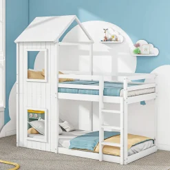 Okwish Lit Superposé 90x200 cm - Lit Cabane enfant avec Échelle et Baldaquin - Bois de Pin - Sans Matelas - Blanc Clearance