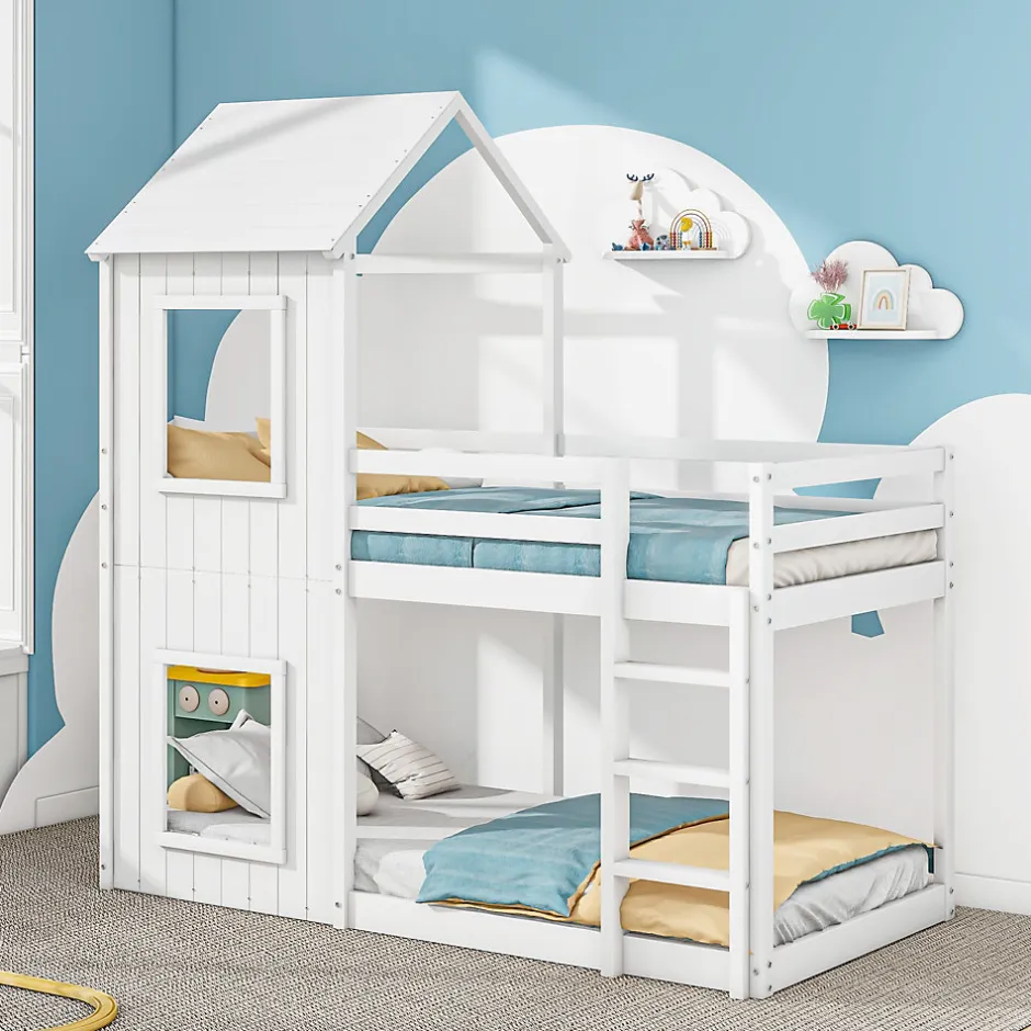 Okwish Lit Superposé 90x200 cm - Lit Cabane enfant avec Échelle et Baldaquin - Bois de Pin - Sans Matelas - Blanc Clearance