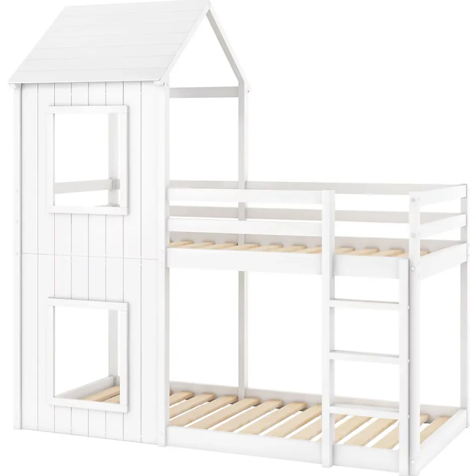 Okwish Lit Superposé 90x200 cm - Lit Cabane enfant avec Échelle et Baldaquin - Bois de Pin - Sans Matelas - Blanc Clearance