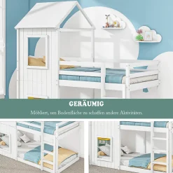 Okwish Lit Superposé 90x200 cm - Lit Cabane enfant avec Échelle et Baldaquin - Bois de Pin - Sans Matelas - Blanc Clearance
