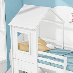 Okwish Lit Superposé 90x200 cm - Lit Cabane enfant avec Échelle et Baldaquin - Bois de Pin - Sans Matelas - Blanc Clearance
