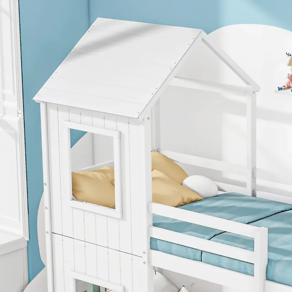 Okwish Lit Superposé 90x200 cm - Lit Cabane enfant avec Échelle et Baldaquin - Bois de Pin - Sans Matelas - Blanc Clearance