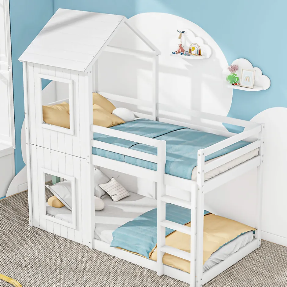 Okwish Lit Superposé 90x200 cm - Lit Cabane enfant avec Échelle et Baldaquin - Bois de Pin - Sans Matelas - Blanc Clearance