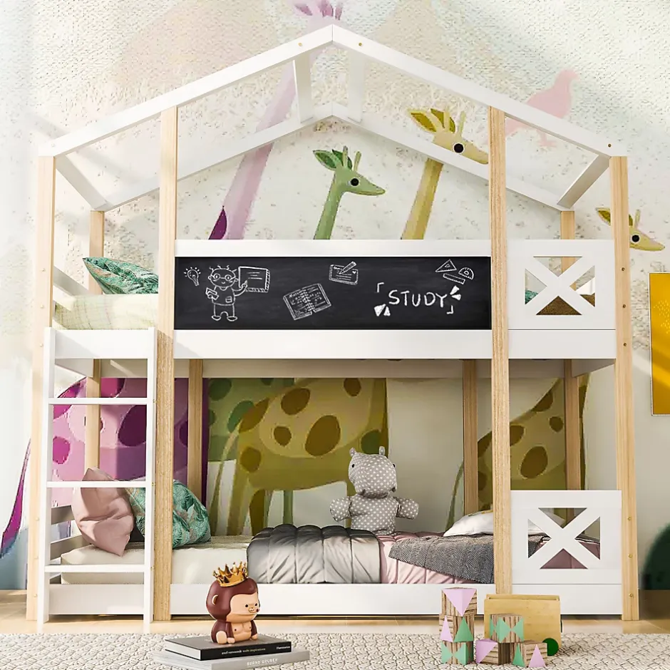 Okwish Lit superposé 90x200 cm - Lit cabane enfant avec échelle et barrières - Bois massif - Sans matelas - Blanc Clearance