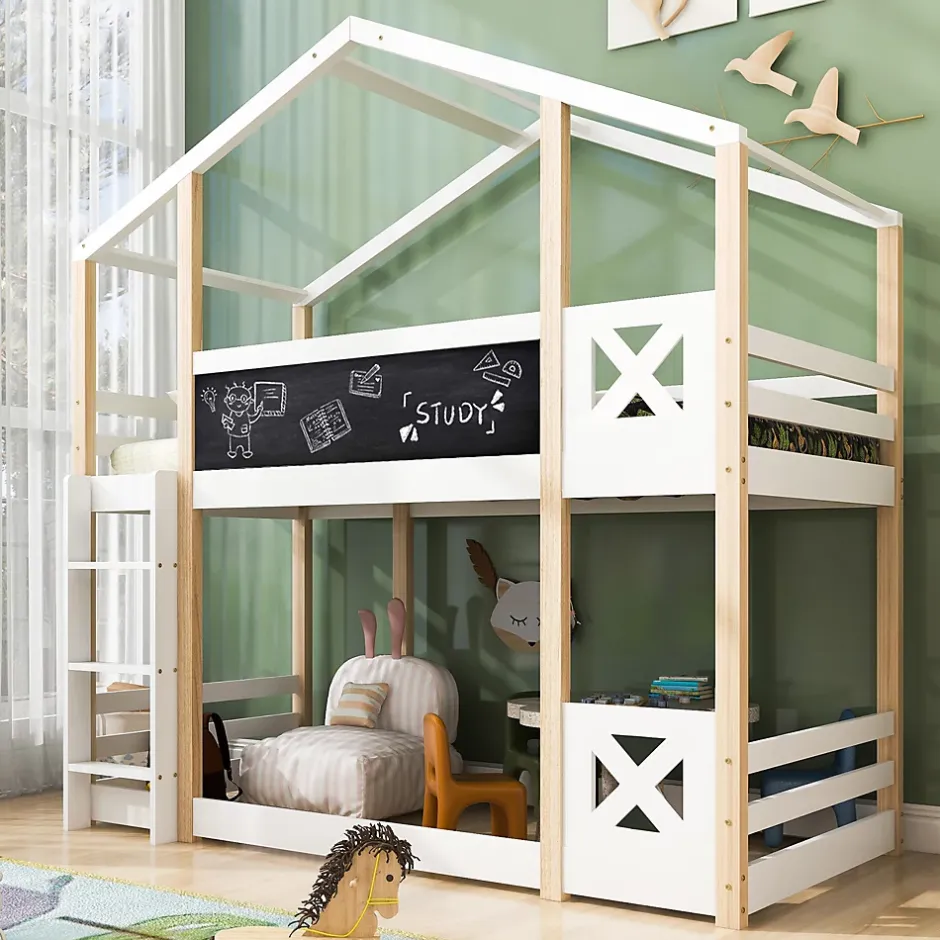 Okwish Lit superposé 90x200 cm - Lit cabane enfant avec échelle et barrières - Bois massif - Sans matelas - Blanc Clearance