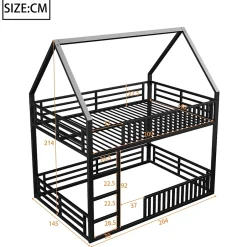 Okwish Lit superposé 140x200 cm - Lit double avec design cabane et barrières - Métal - Sans matelas - Noir New