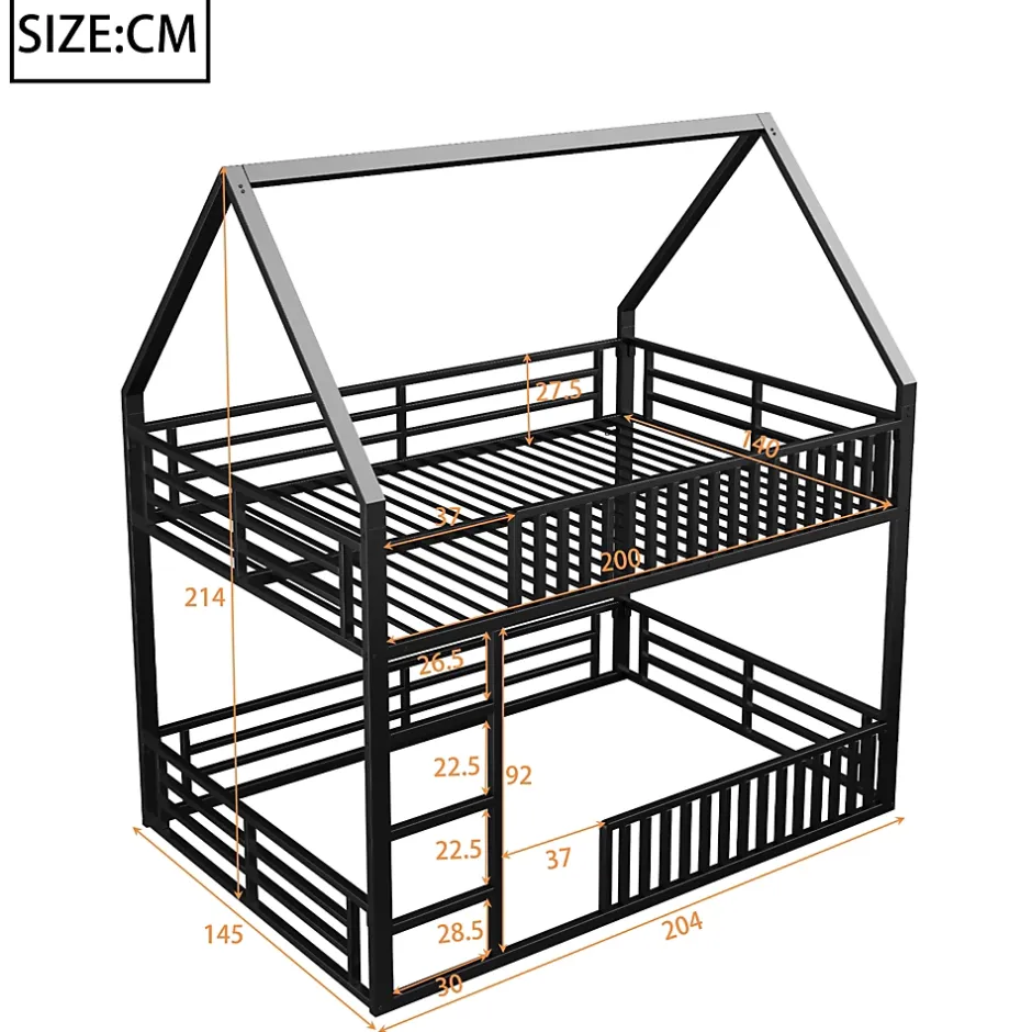 Okwish Lit superposé 140x200 cm - Lit double avec design cabane et barrières - Métal - Sans matelas - Noir New