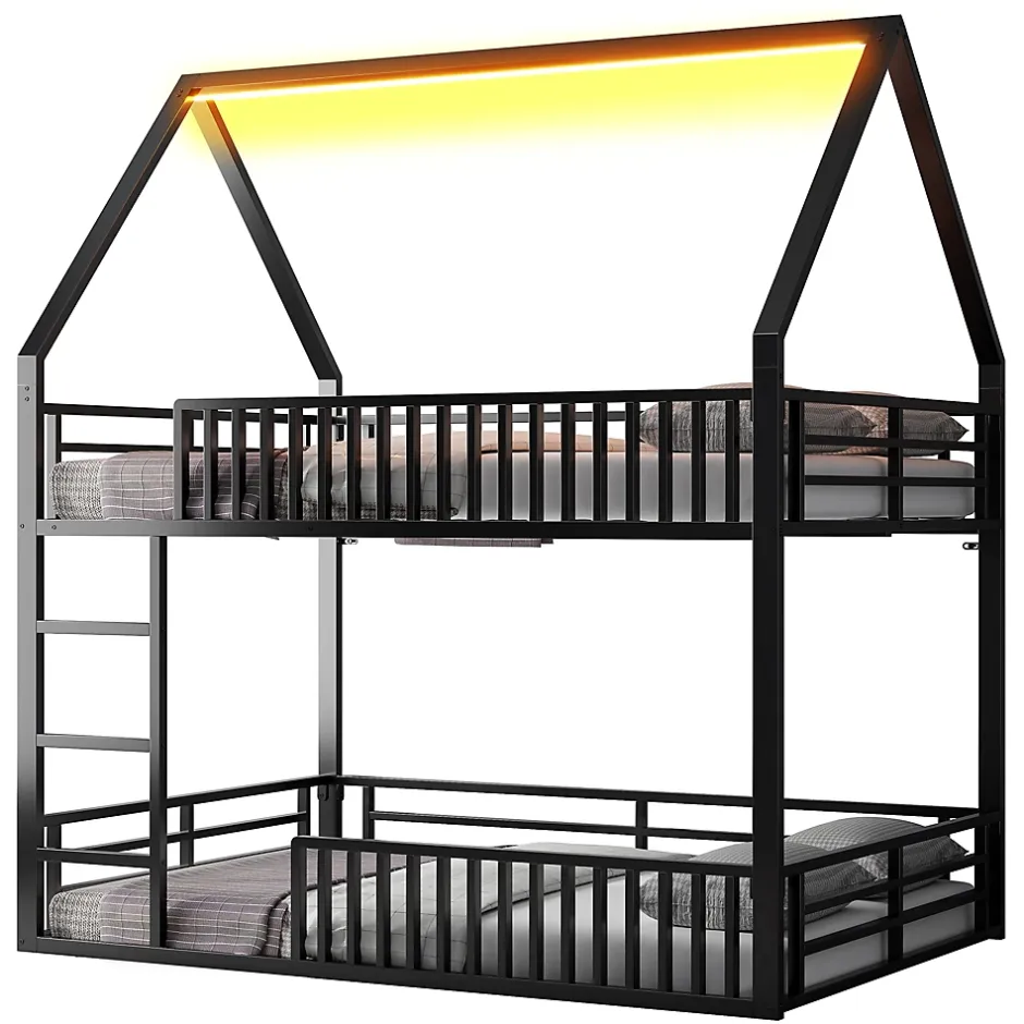 Okwish Lit superposé 140x200 cm - Lit double avec design cabane et barrières - Métal - Sans matelas - Noir New