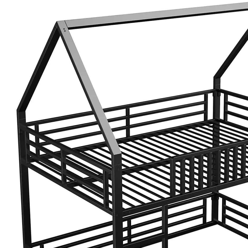 Okwish Lit superposé 140x200 cm - Lit double avec design cabane et barrières - Métal - Sans matelas - Noir New