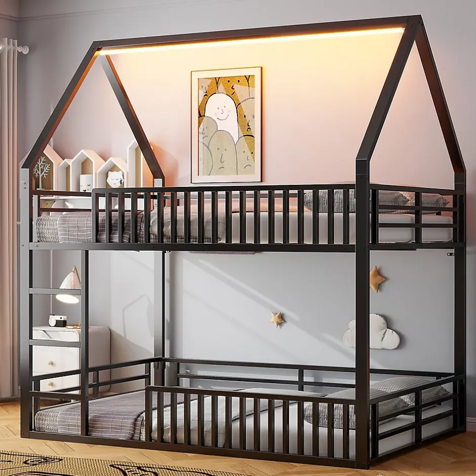 Okwish Lit superposé 140x200 cm - Lit double avec design cabane et barrières - Métal - Sans matelas - Noir New