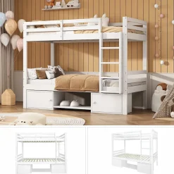 Okwish Lit superposé 90x200 cm - Lit enfant avec 2 tiroirs et porte chaussures - MDF + Pin - Sans matelas - Blanc Hot