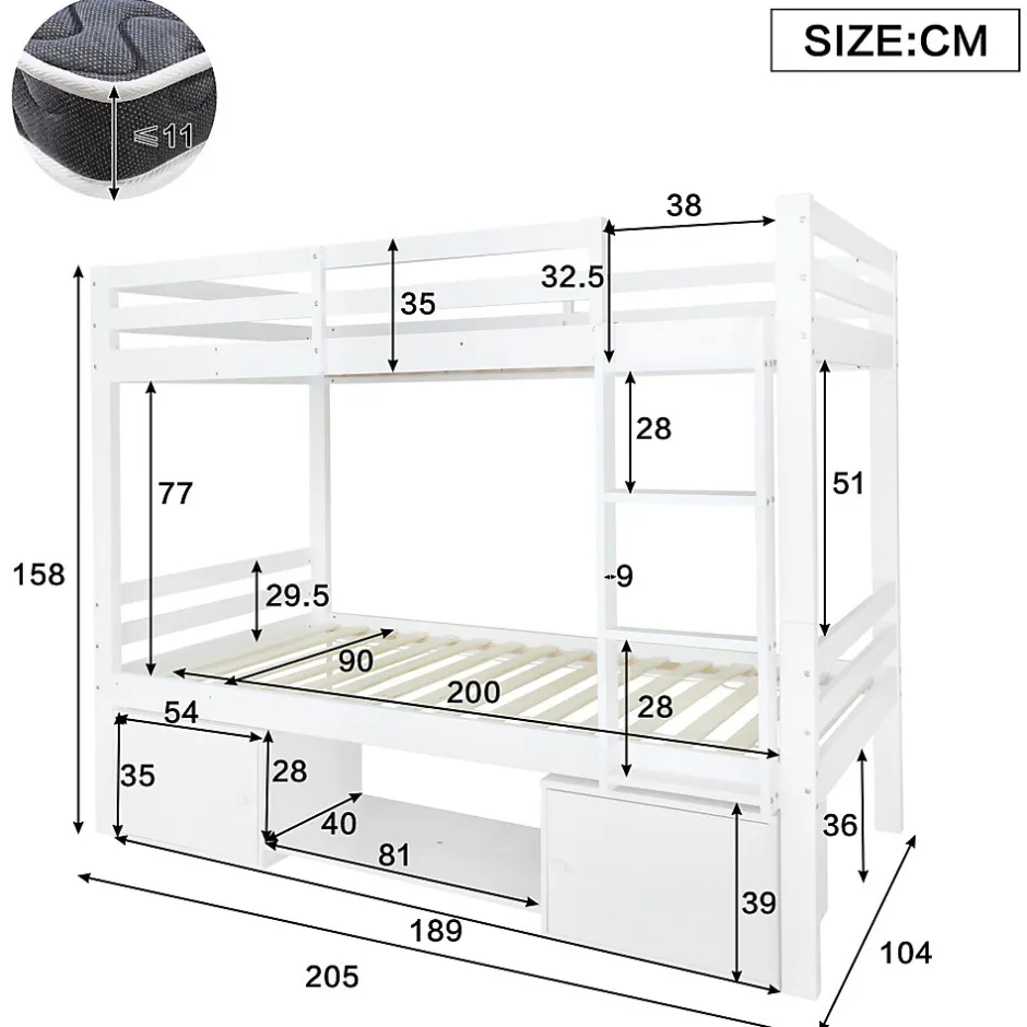 Okwish Lit superposé 90x200 cm - Lit enfant avec 2 tiroirs et porte chaussures - MDF + Pin - Sans matelas - Blanc Hot