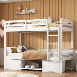 Okwish Lit superposé 90x200 cm - Lit enfant avec 2 tiroirs et porte chaussures - MDF + Pin - Sans matelas - Blanc Hot
