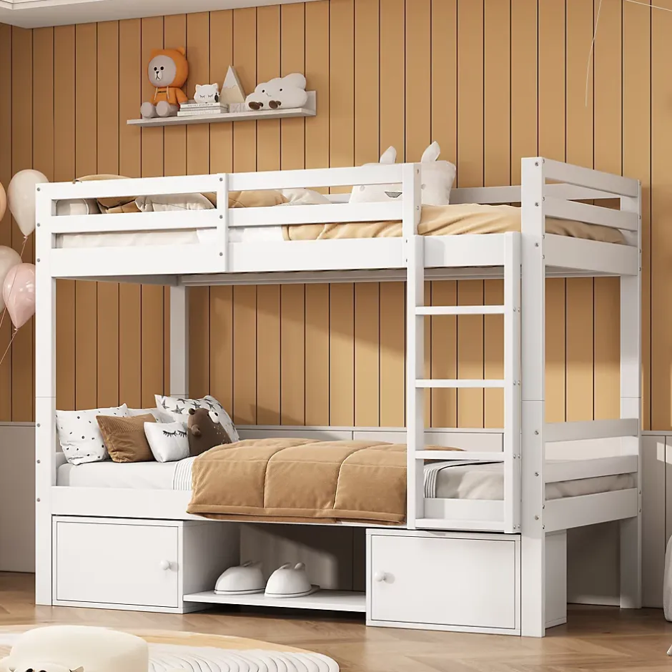 Okwish Lit superposé 90x200 cm - Lit enfant avec 2 tiroirs et porte chaussures - MDF + Pin - Sans matelas - Blanc Hot