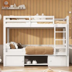 Okwish Lit superposé 90x200 cm - Lit enfant avec 2 tiroirs et porte chaussures - MDF + Pin - Sans matelas - Blanc Hot