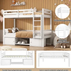 Okwish Lit superposé 90x200 cm - Lit enfant avec 2 tiroirs et porte chaussures - MDF + Pin - Sans matelas - Blanc Hot