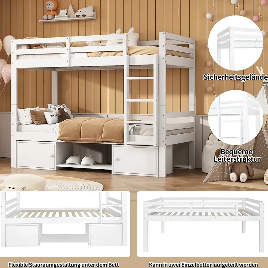 Okwish Lit superposé 90x200 cm - Lit enfant avec 2 tiroirs et porte chaussures - MDF + Pin - Sans matelas - Blanc Hot
