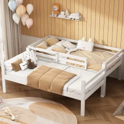 Okwish Lit superposé 90x200 cm - Lit enfant avec 2 tiroirs et porte chaussures - MDF + Pin - Sans matelas - Blanc Hot