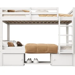 Okwish Lit superposé 90x200 cm - Lit enfant avec 2 tiroirs et porte chaussures - MDF + Pin - Sans matelas - Blanc Hot