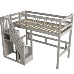 Okwish Lit Superposé 90x200 cm - Lit enfant avec Échelle et Rangement Intégré, Structure en Bois Massif, Sans Matelas - Gris Discount