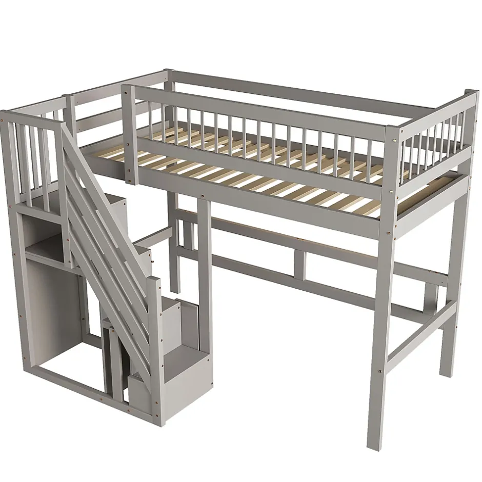 Okwish Lit Superposé 90x200 cm - Lit enfant avec Échelle et Rangement Intégré, Structure en Bois Massif, Sans Matelas - Gris Discount
