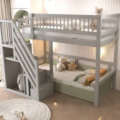 Okwish Lit Superposé 90x200 cm - Lit enfant avec Échelle et Rangement Intégré, Structure en Bois Massif, Sans Matelas - Gris Discount